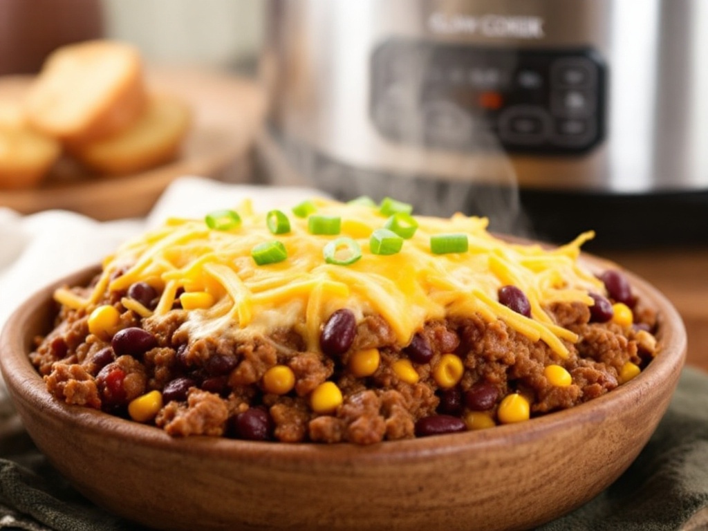 Hearty Slow Cooker Cowboy Casserole Recipe A delicious cowboy casserole filled with beef, beans, and cheese, served in a rustic bowl.